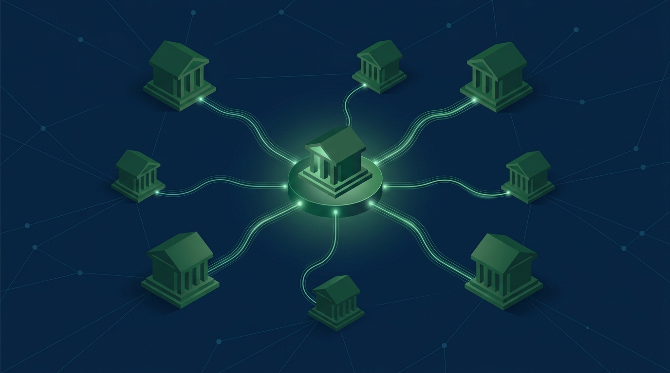 Ilustração isométrica de bancos conectados por fluxos de dados em verde