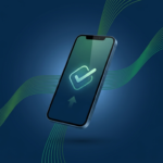 Smartphone exibindo confirmação de PIX com fluxos de dados em verde