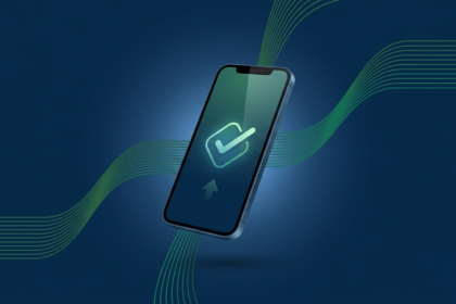 Smartphone exibindo confirmação de PIX com fluxos de dados em verde