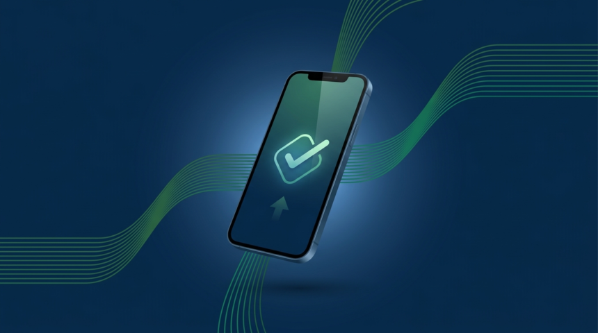 Smartphone exibindo confirmação de PIX com fluxos de dados em verde