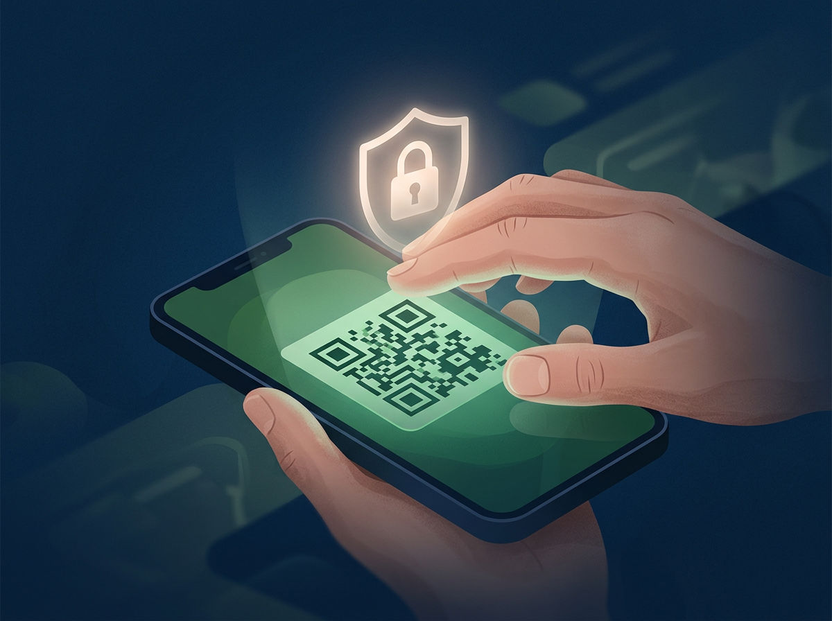 Mão sobre um smartphone com QR code e ícone de segurança