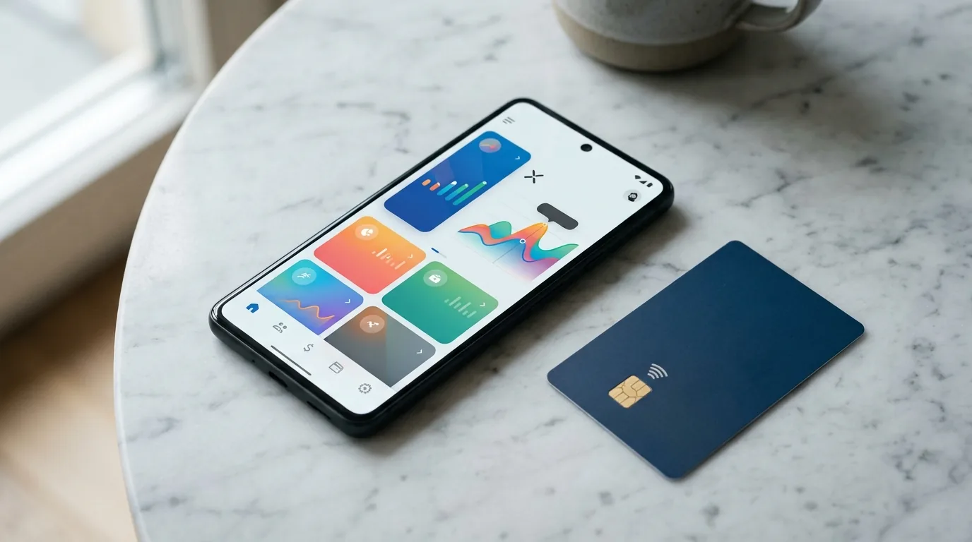 Smartphone mostrando um aplicativo de banco e um cartao de credito ao lado sobre uma mesa de marmore
