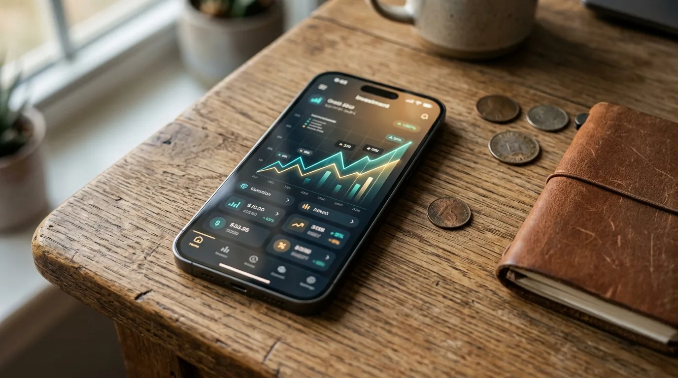 Smartphone sobre a mesa mostrando um app de investimento com grafico de rendimento em alta e moedas ao lado