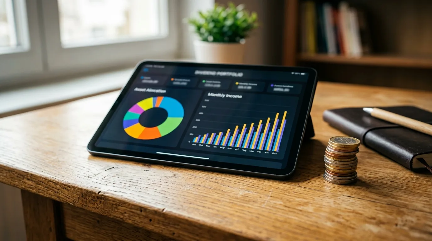 Tablet mostrando uma carteira de dividendos com grafico de pizza e renda mensal, com moedas ao lado