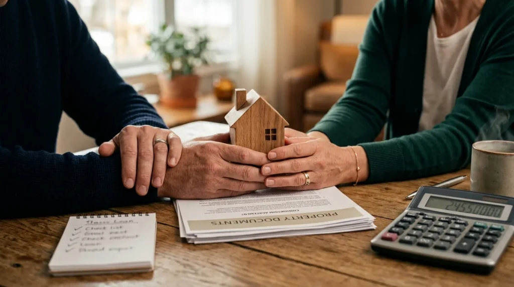 Mãos segurando uma miniatura de casa e documentos sobre a mesa, consórcio de imóvel vale a pena