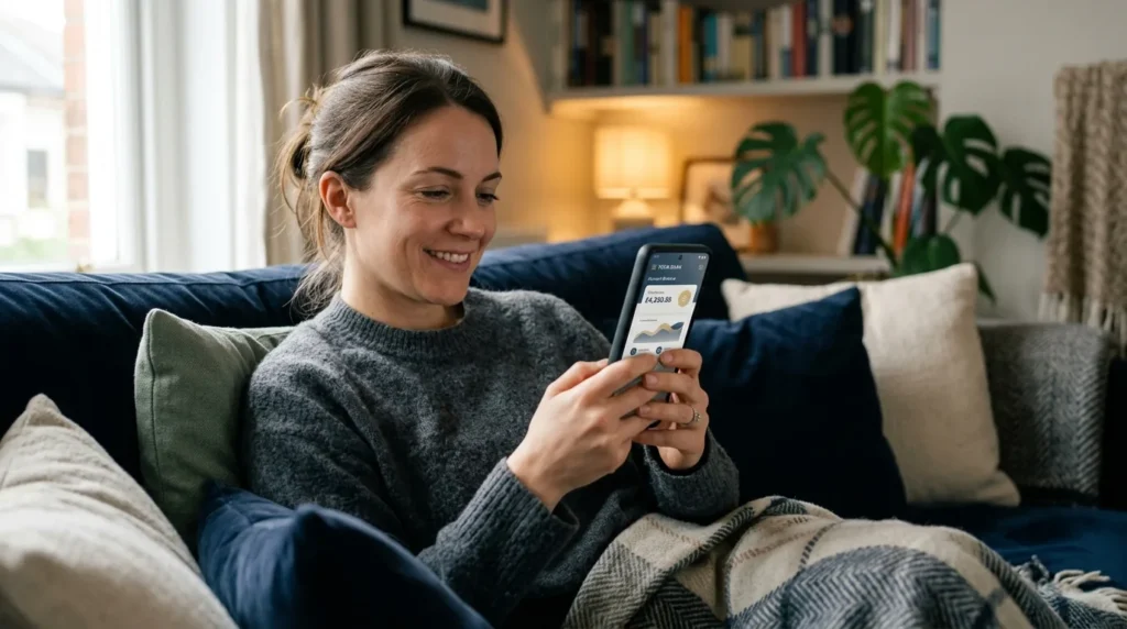 Pessoa no sofá usando aplicativo de banco no celular, conta digital vale a pena