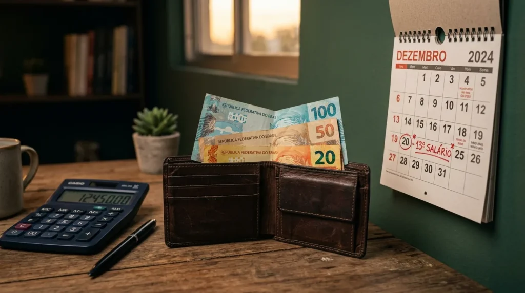 Carteira com notas de real ao lado de calendário e calculadora, décimo terceiro salário