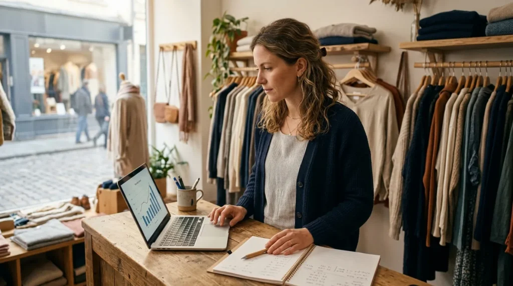 Empreendedora conferindo o crescimento do faturamento no laptop na loja