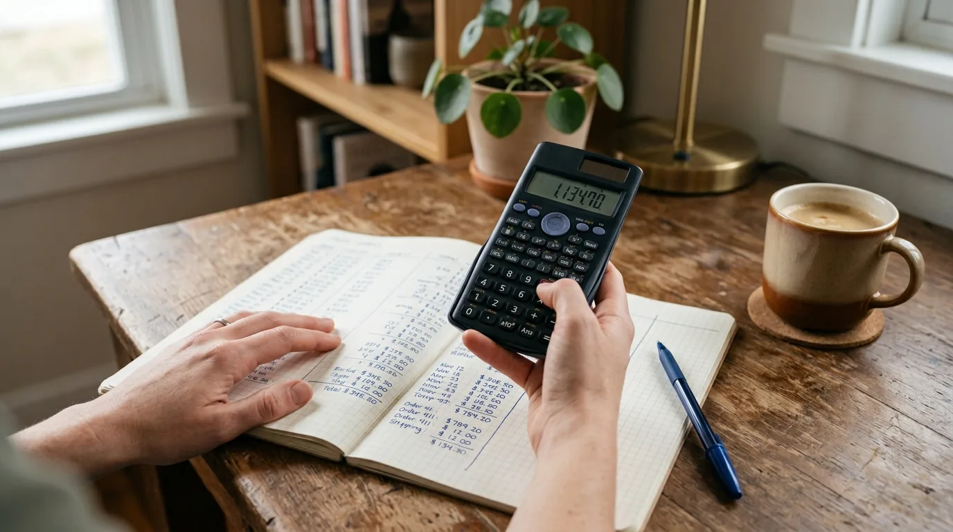 Mãos usando calculadora sobre um caderno com o faturamento anotado
