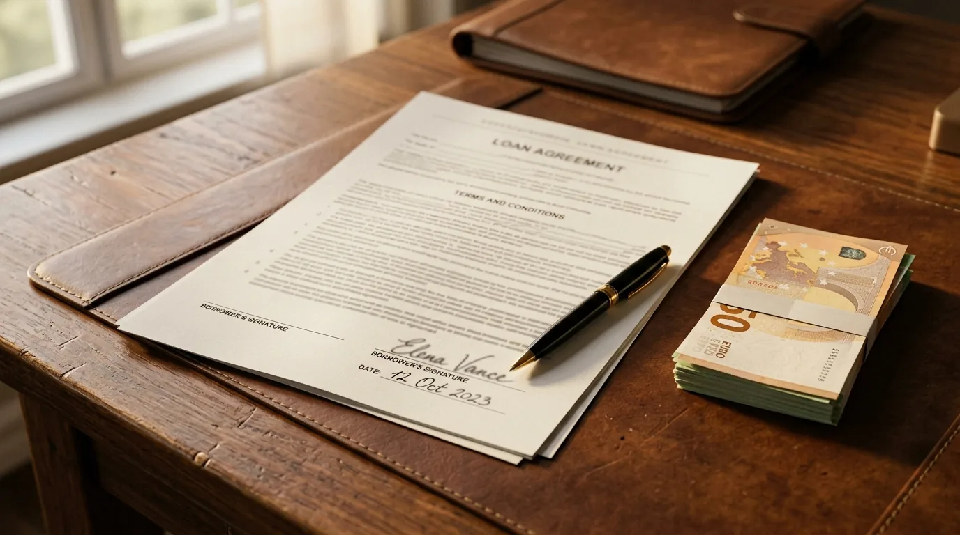 Contrato de emprestimo com caneta e um pequeno maco de cedulas sobre a mesa, credito consignado