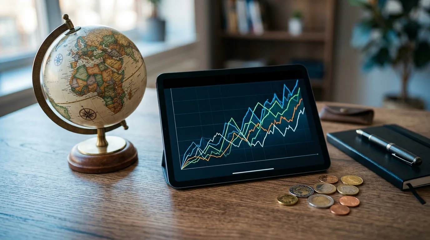 Globo terrestre ao lado de um tablet com grafico diversificado, conceito de investimento internacional