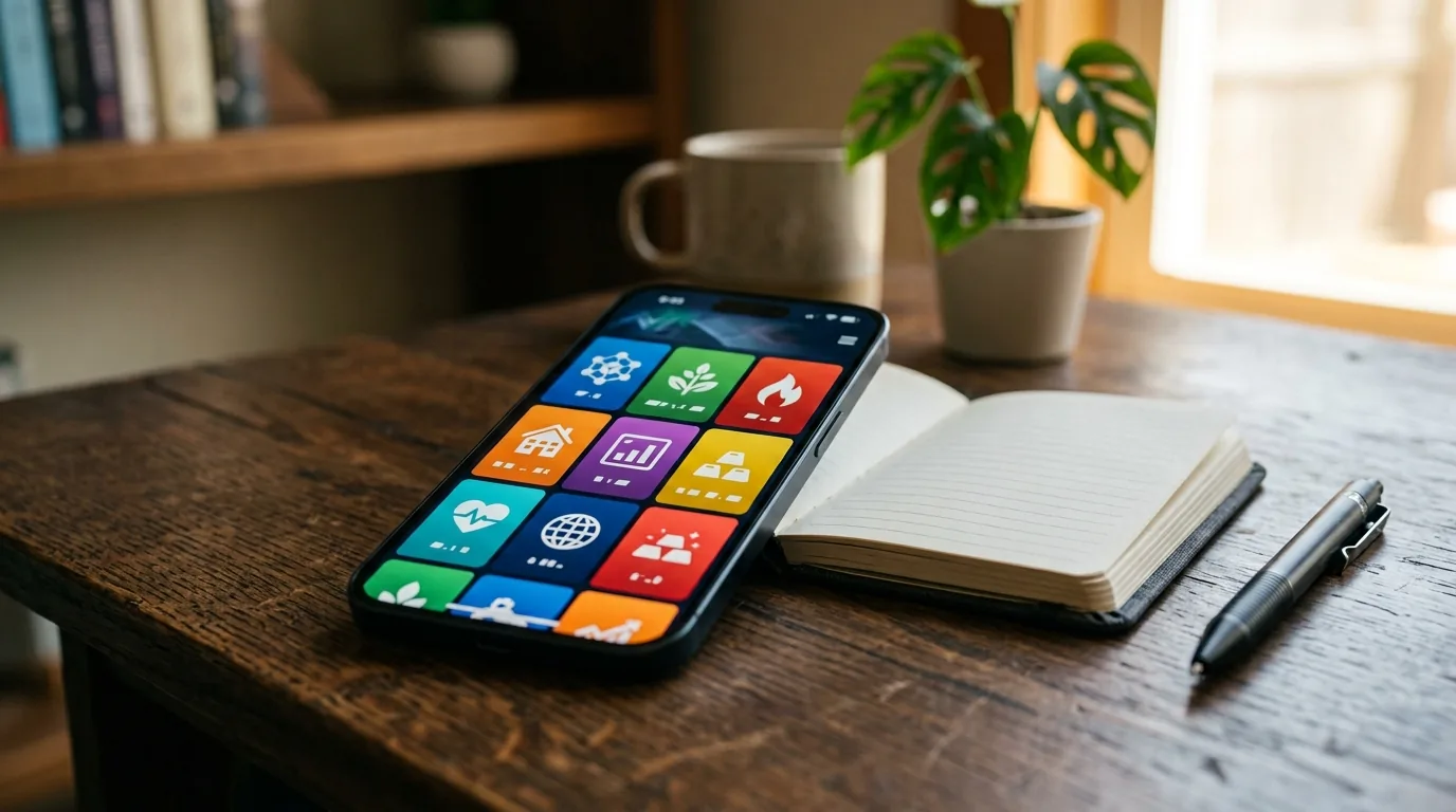 Smartphone mostrando um app de ETF com uma cesta de ativos coloridos, conceito de diversificacao