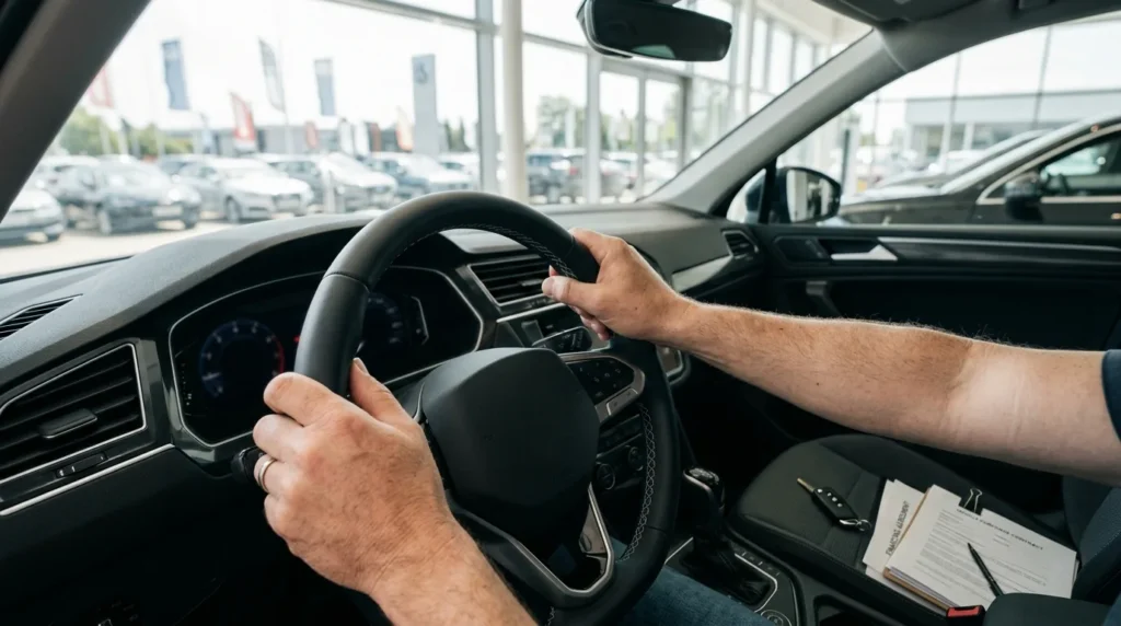 Mãos no volante de um carro novo com chave e documentos de financiamento no banco, financiar carro vale a pena