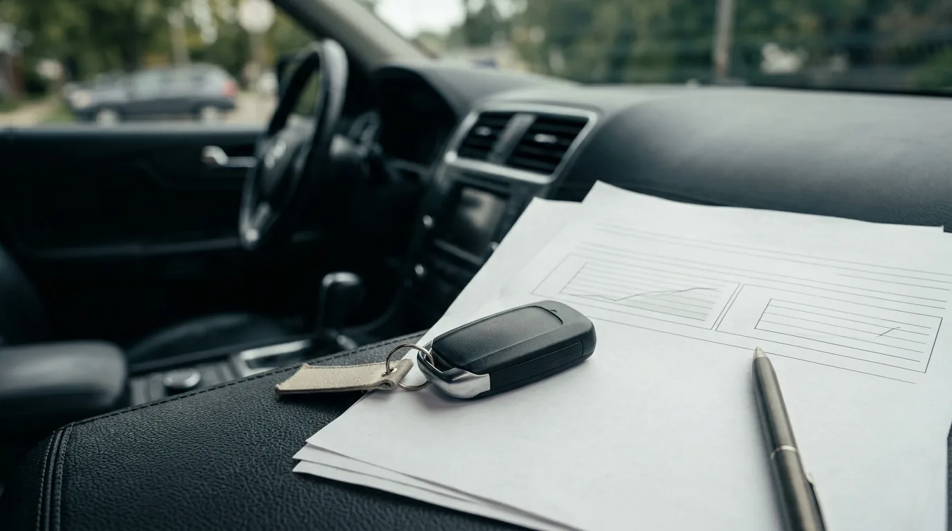 Chaves de carro sobre um contrato de financiamento ao lado de calculadora