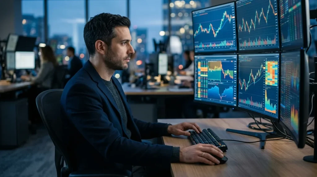 Gestor de fundo analisando graficos financeiros em varios monitores em um escritorio, fundo multimercado