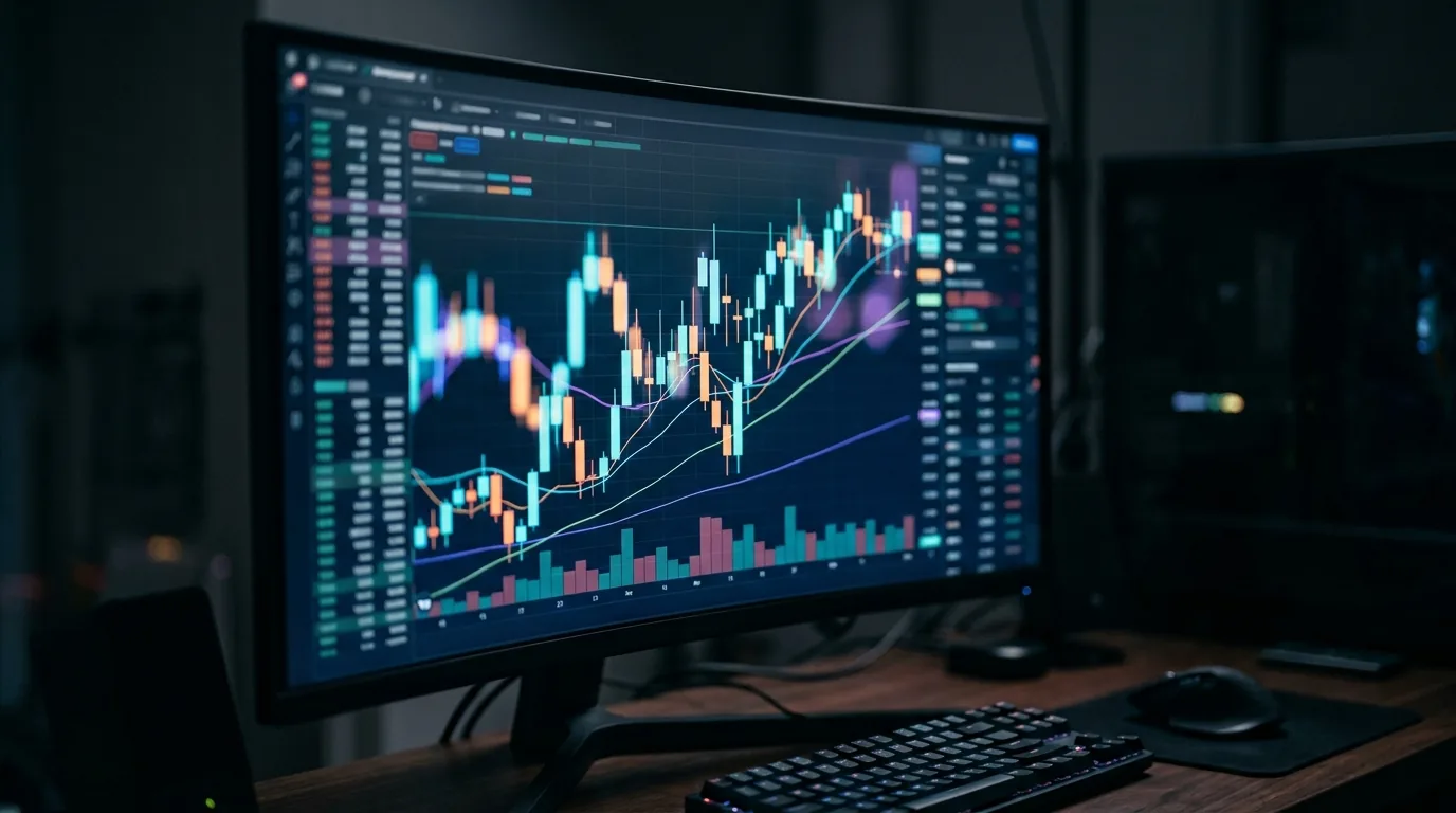 Monitor exibindo graficos de velas e linhas dos mercados financeiros em um setup de trading