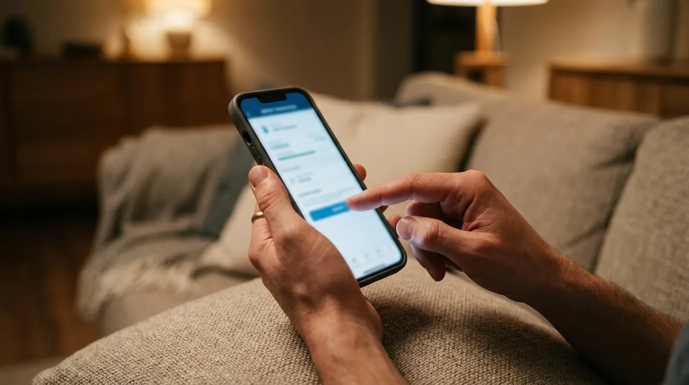 Mãos usando o aplicativo do banco no celular com conexão segura