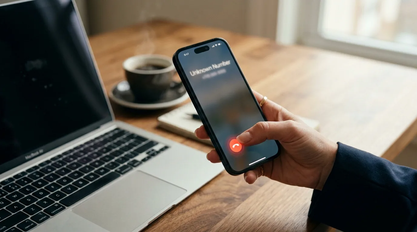 Mão recusando ligação de número desconhecido no celular