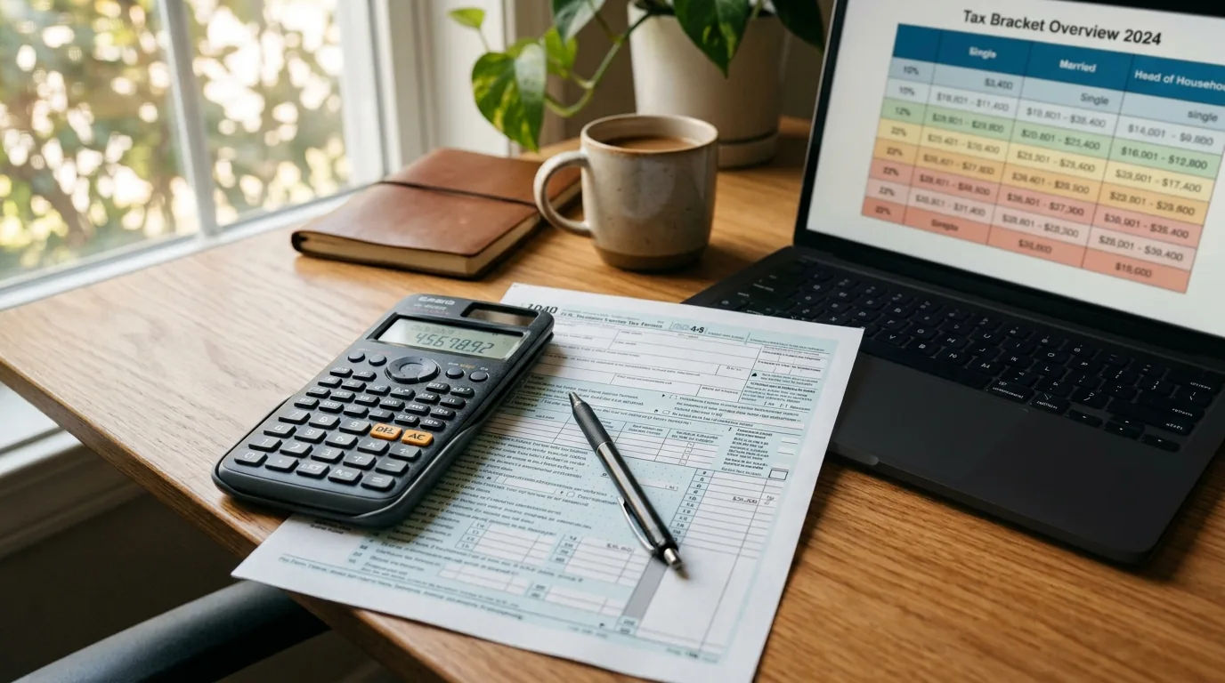 Formulario de imposto de renda com calculadora, caneta e notebook mostrando tabela de aliquotas