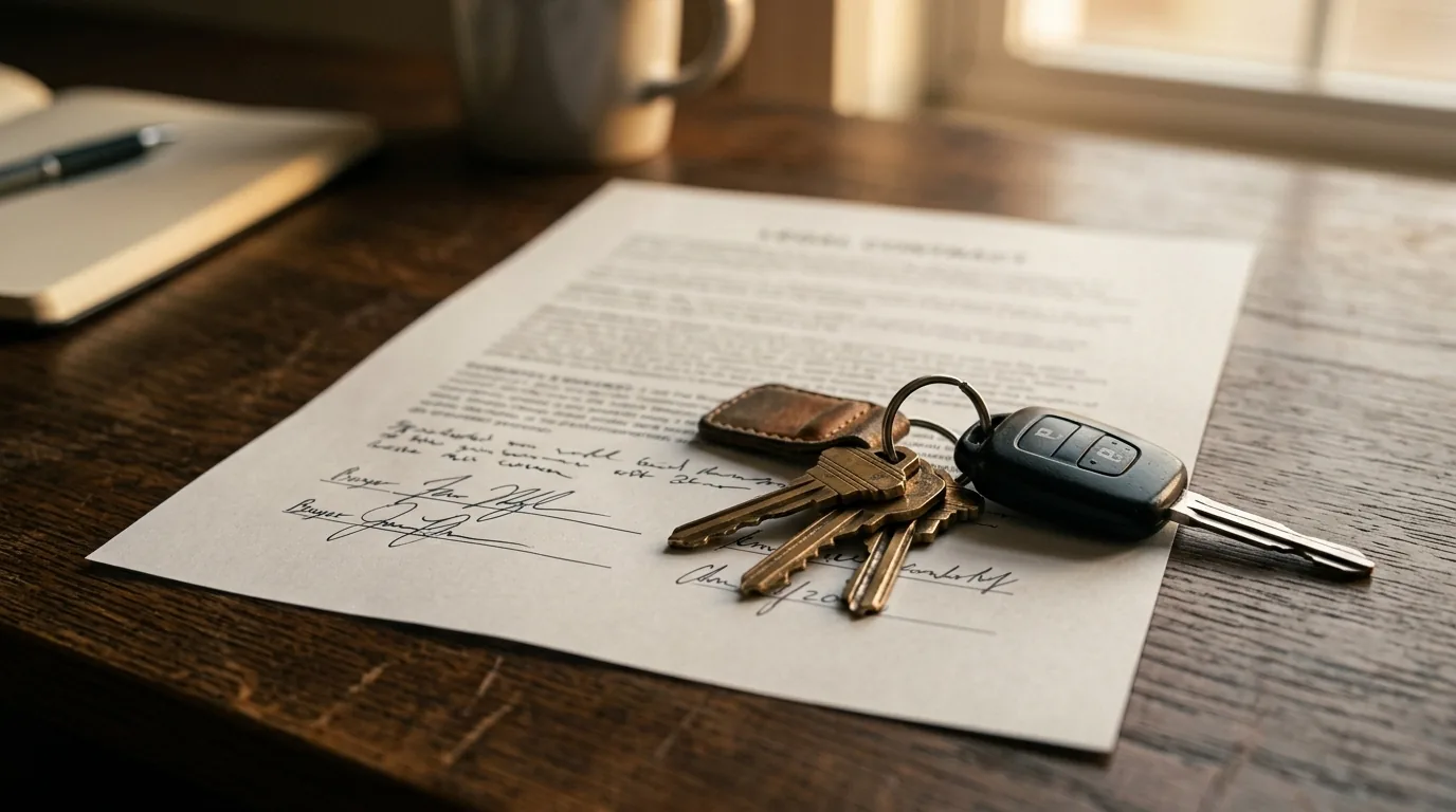 Chaves de casa e de carro sobre um contrato assinado, conceito de contemplacao no consorcio