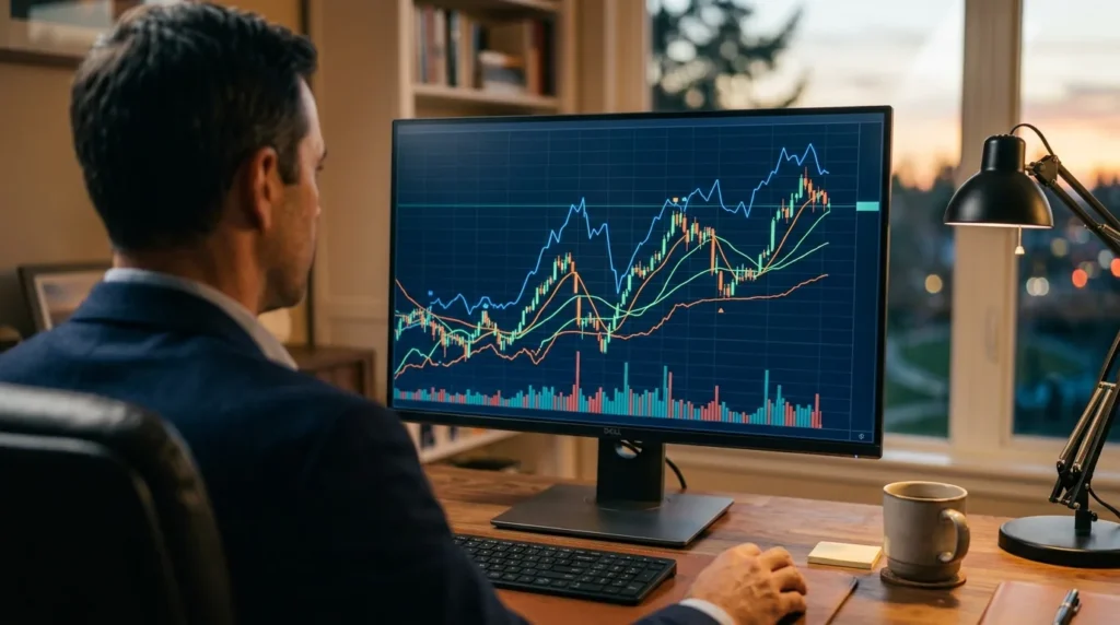 Investidor analisando graficos financeiros em um monitor em um escritorio, avaliando a Letra Financeira