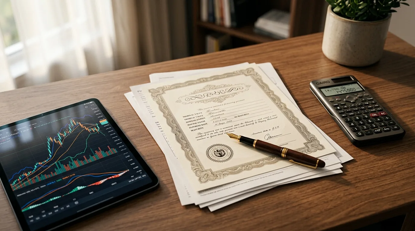 Documento no estilo de titulo de renda fixa sobre a mesa ao lado de tablet com grafico e calculadora