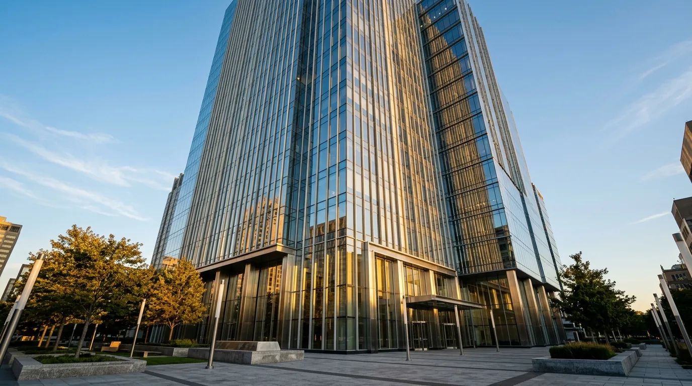 Edificio moderno de vidro de um banco ao entardecer, instituicao que emite a Letra Financeira