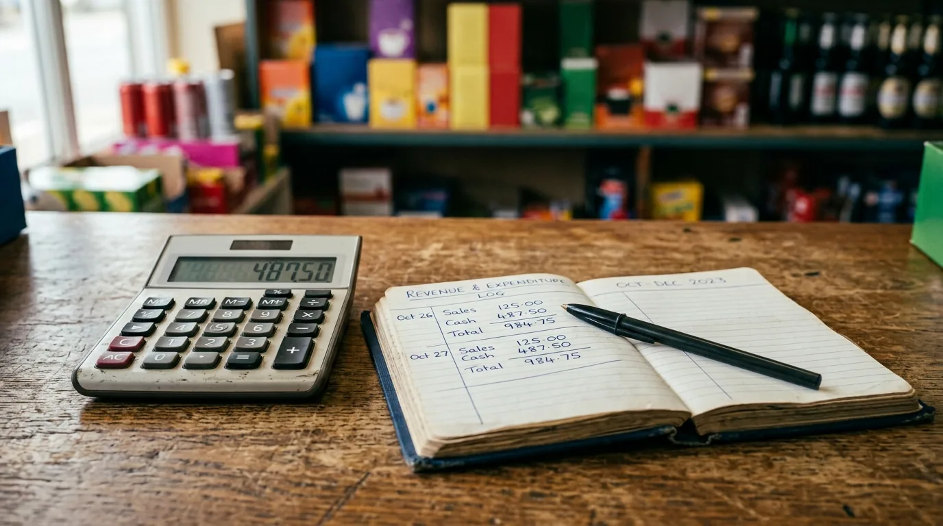 Espaço de trabalho com laptop, calculadora e caderno para controle de receita