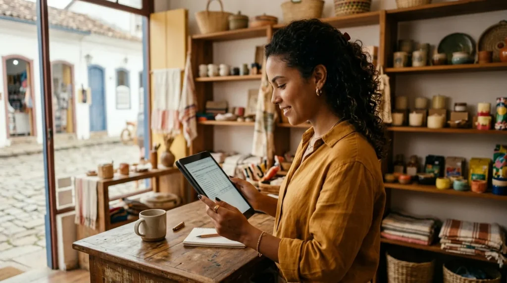 Empreendedora conferindo as contas do proprio negocio em um tablet na loja, decisao entre MEI e ME