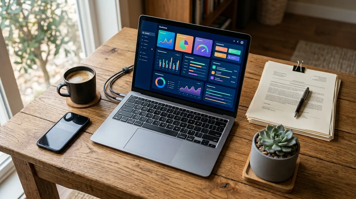 Mesa com notebook mostrando painel de gestao, documentos e cafe, rotina de quem formaliza como MEI