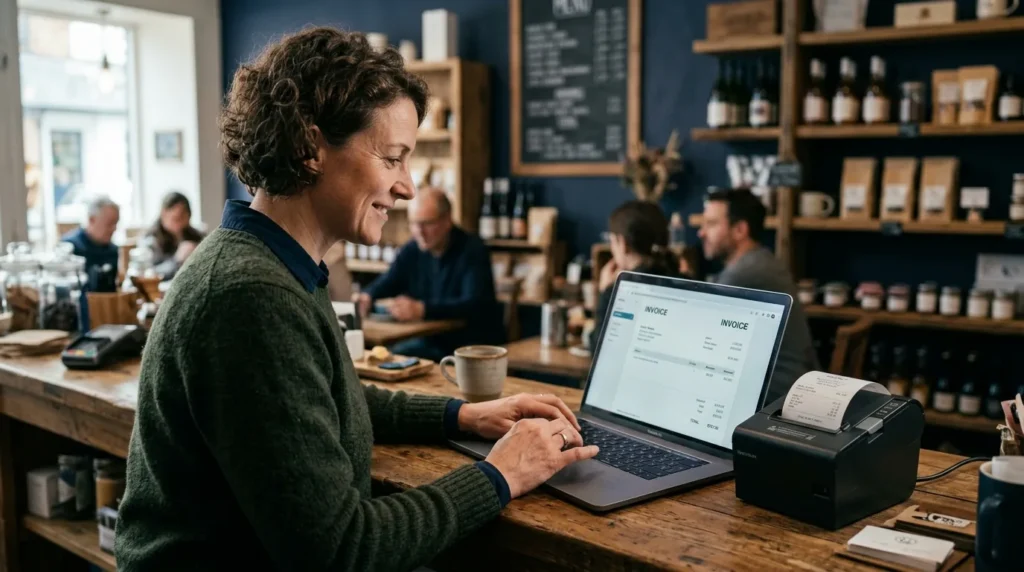 Empreendedor emitindo nota fiscal no laptop no balcão com impressora ao lado, nota fiscal do MEI