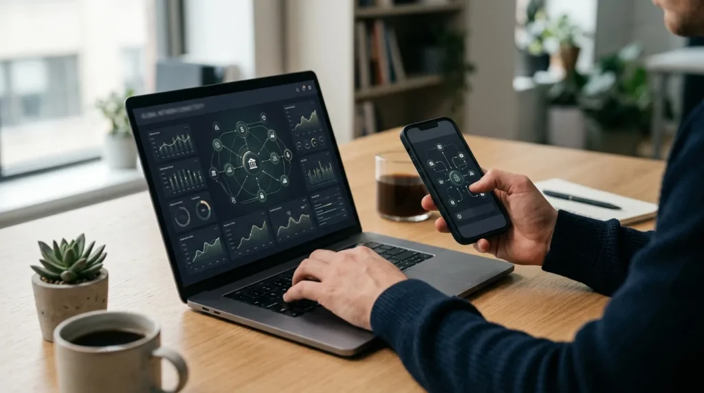 Pessoa usando celular e laptop com painéis bancários conectados, o que é Open Finance e como funciona