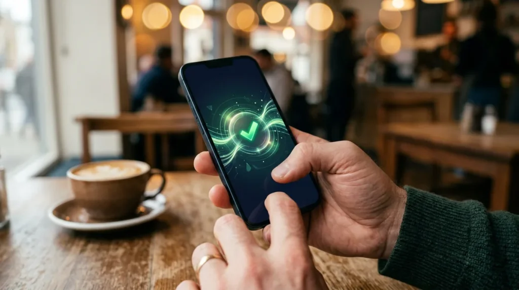 Pessoa fazendo um pagamento no celular com tela de confirmação, como o PIX funciona e se proteger de golpes