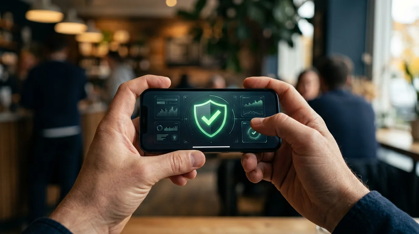 Mão sobre um smartphone com QR code e ícone de segurança