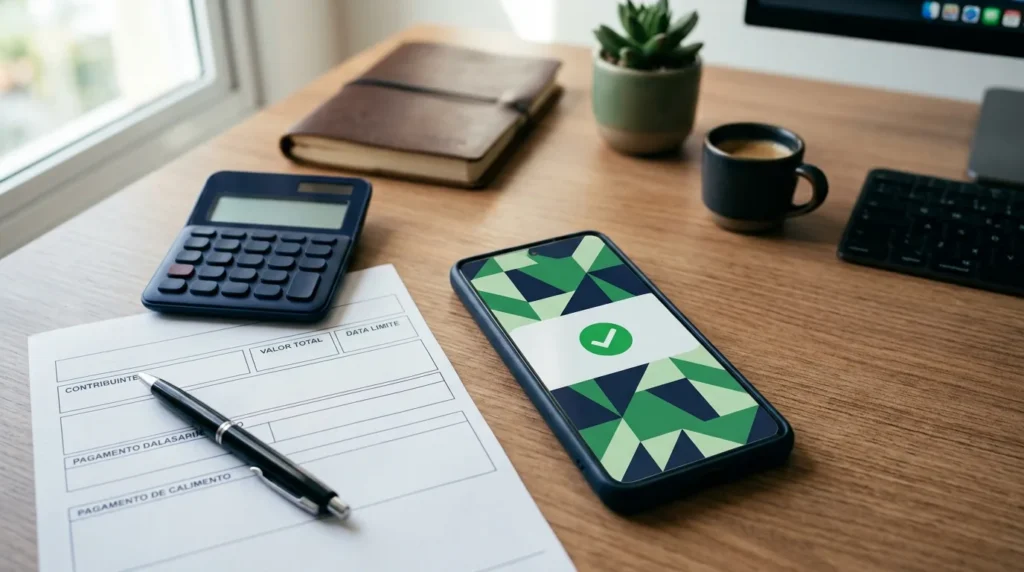 Celular com boleto de imposto na tela, calculadora e guia impresso, quanto custa o MEI e o DAS