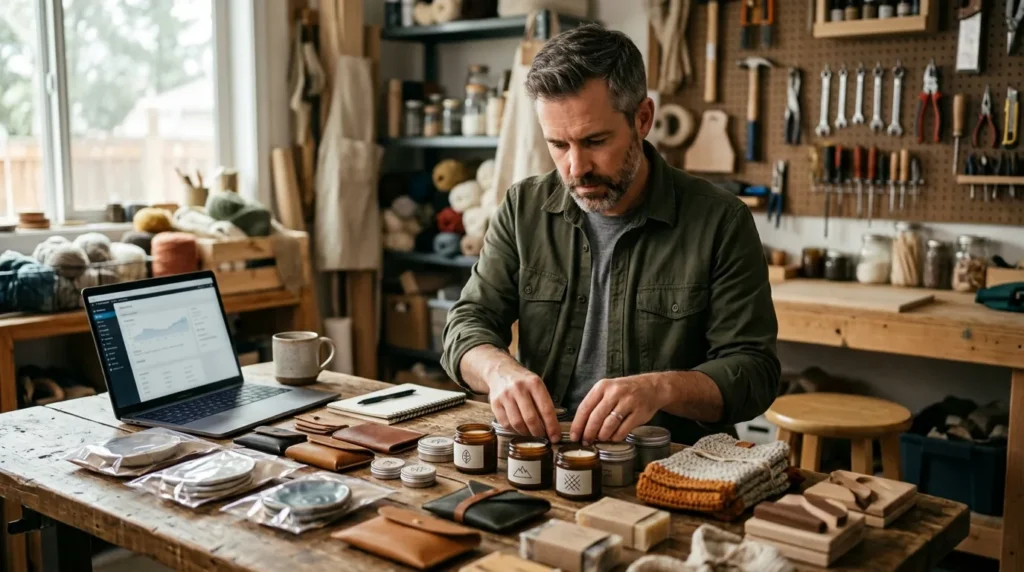 Empreendedor organizando produtos variados numa mesa com o laptop ao lado