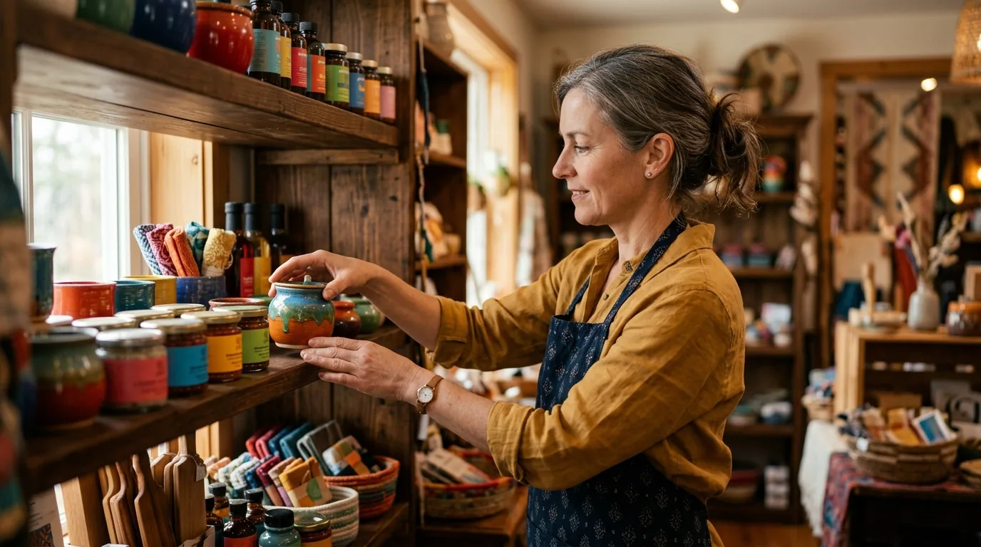 Lojista organizando produtos variados nas prateleiras da loja