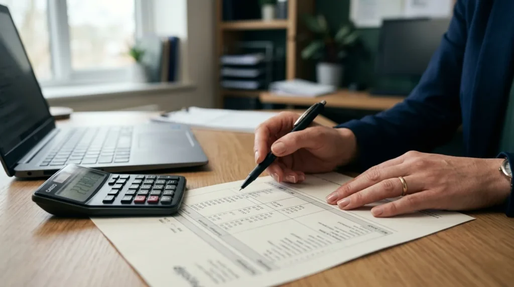 Mãos conferindo um holerite com calculadora e laptop, diferença entre salário bruto e líquido
