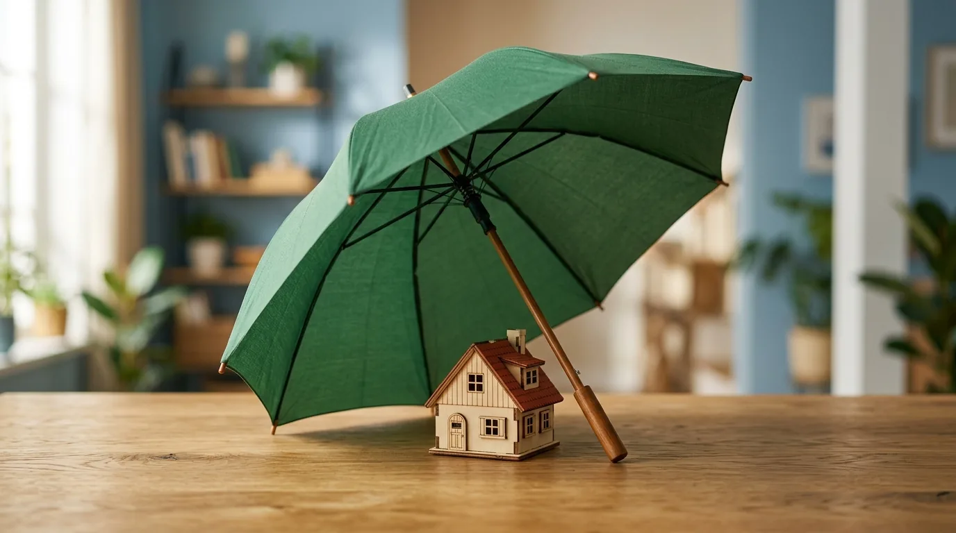 Guarda-chuva verde protegendo uma casinha de madeira, conceito de protecao e seguranca financeira