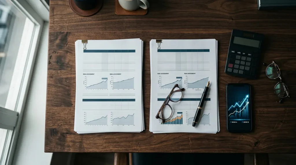 Mesa de trabalho com dois grupos de documentos, calculadora e celular com gráfico, decisão entre Tesouro Selic ou Tesouro IPCA