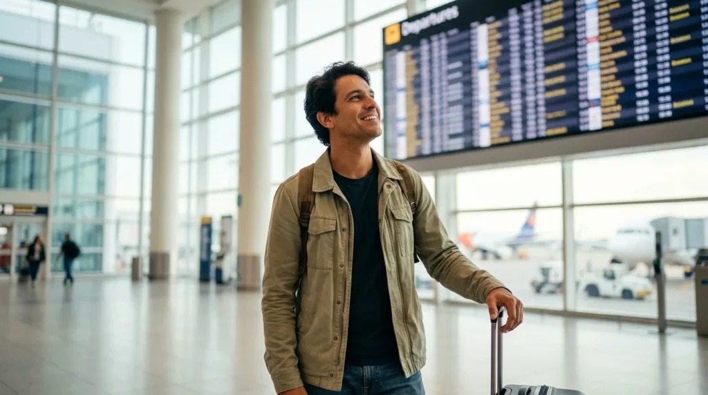 Viajante no aeroporto olhando o painel de voos, tema clube de milhas