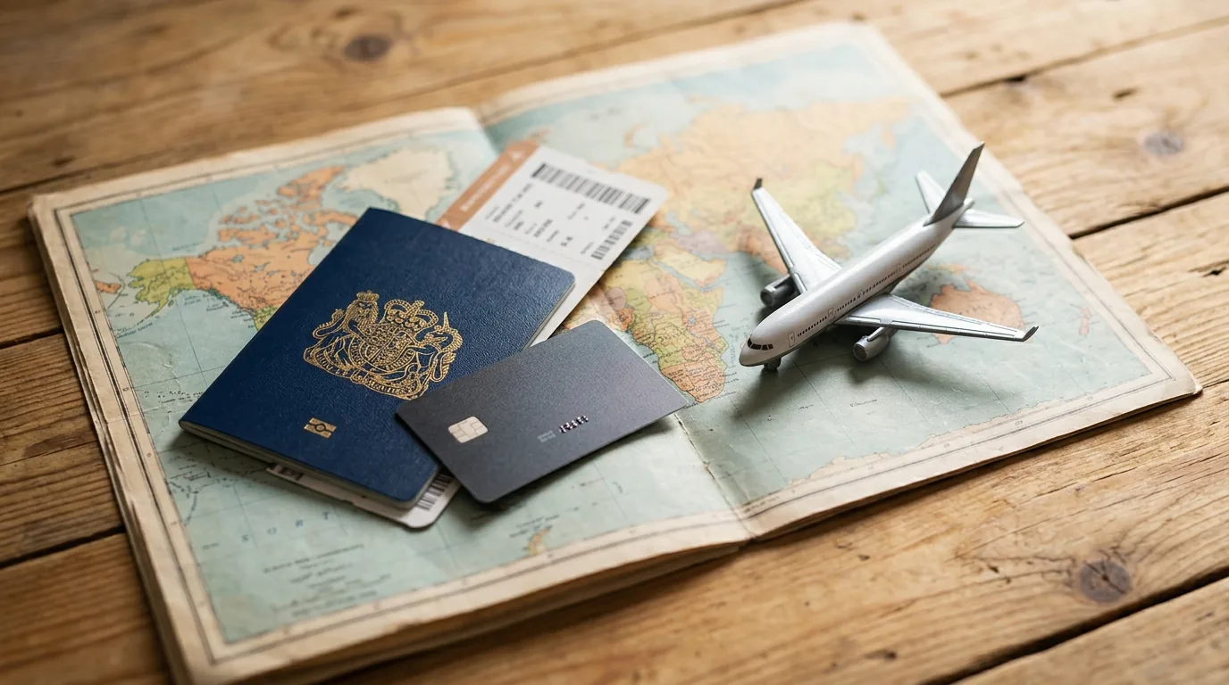 Cartao de embarque, passaporte e cartao de credito sobre um mapa, planejamento de viagem