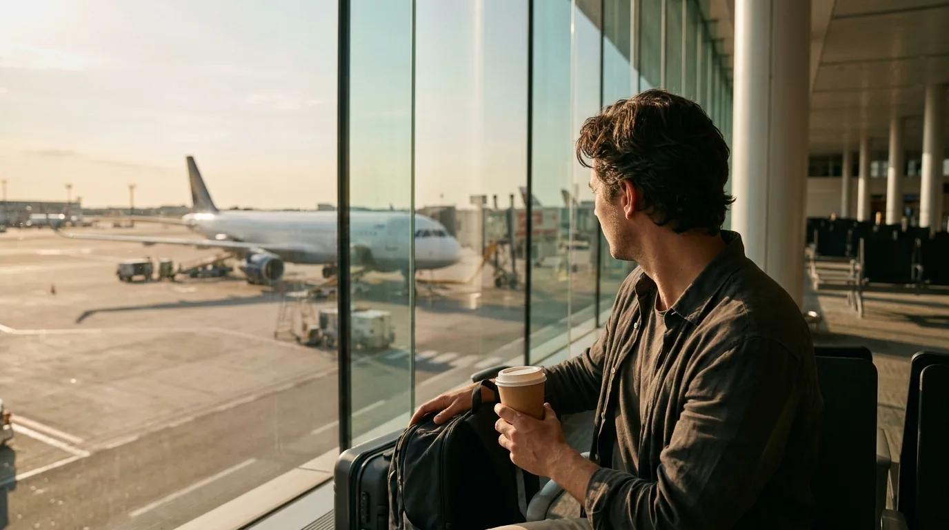 Viajante observando um aviao pela janela do aeroporto, as milhas viram viagem