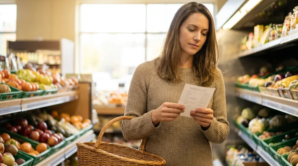Mulher no supermercado segurando uma cesta e conferindo a lista de compras