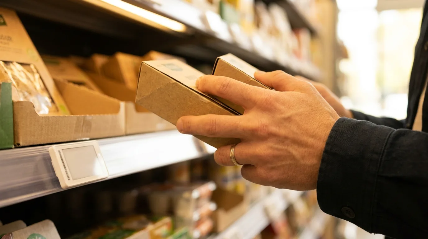Mãos comparando dois produtos na prateleira do supermercado