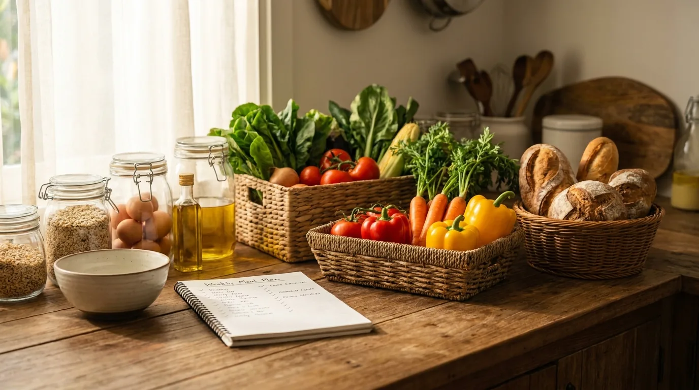 Frutas, verduras e mantimentos organizados na bancada da cozinha com um cardápio da semana