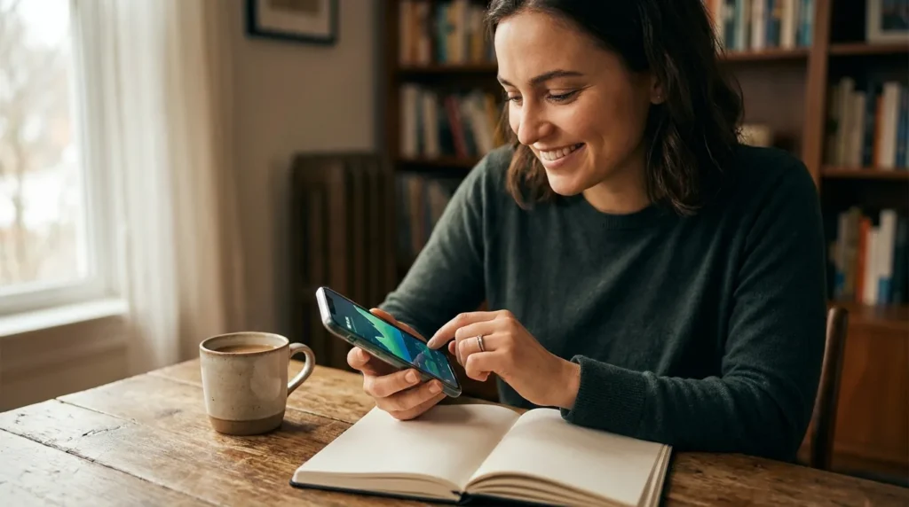 Pessoa sorrindo ao conferir um aplicativo de investimentos no celular em casa