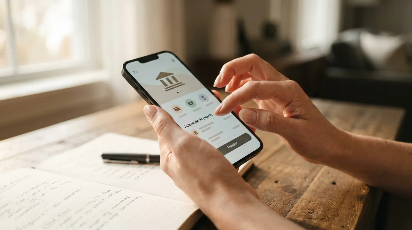 Mãos configurando uma transferência automática no aplicativo do banco