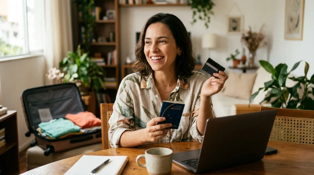 Viajante feliz com cartao de credito e passaporte planejando juntar milhas