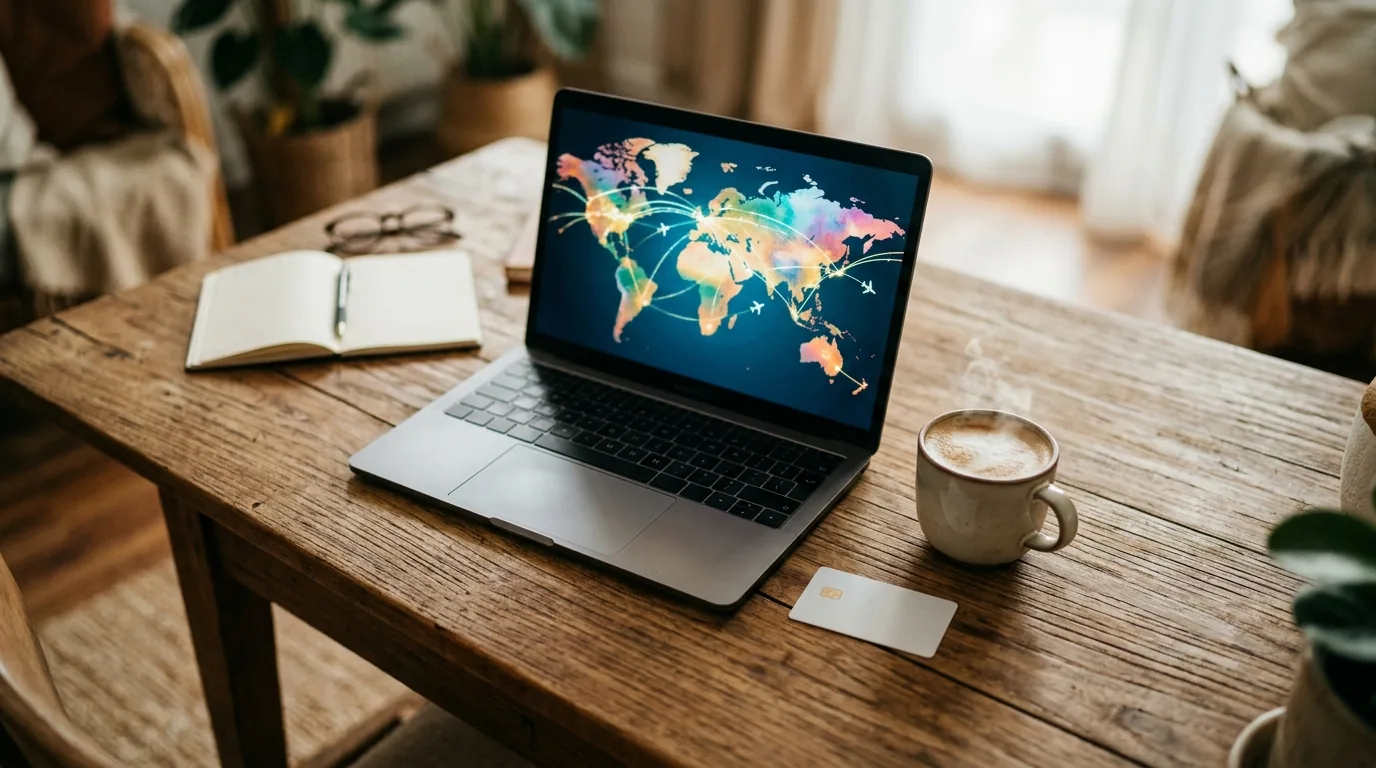 Laptop com mapa de rotas de voo e cartao de credito ao lado, emissao de passagens com milhas